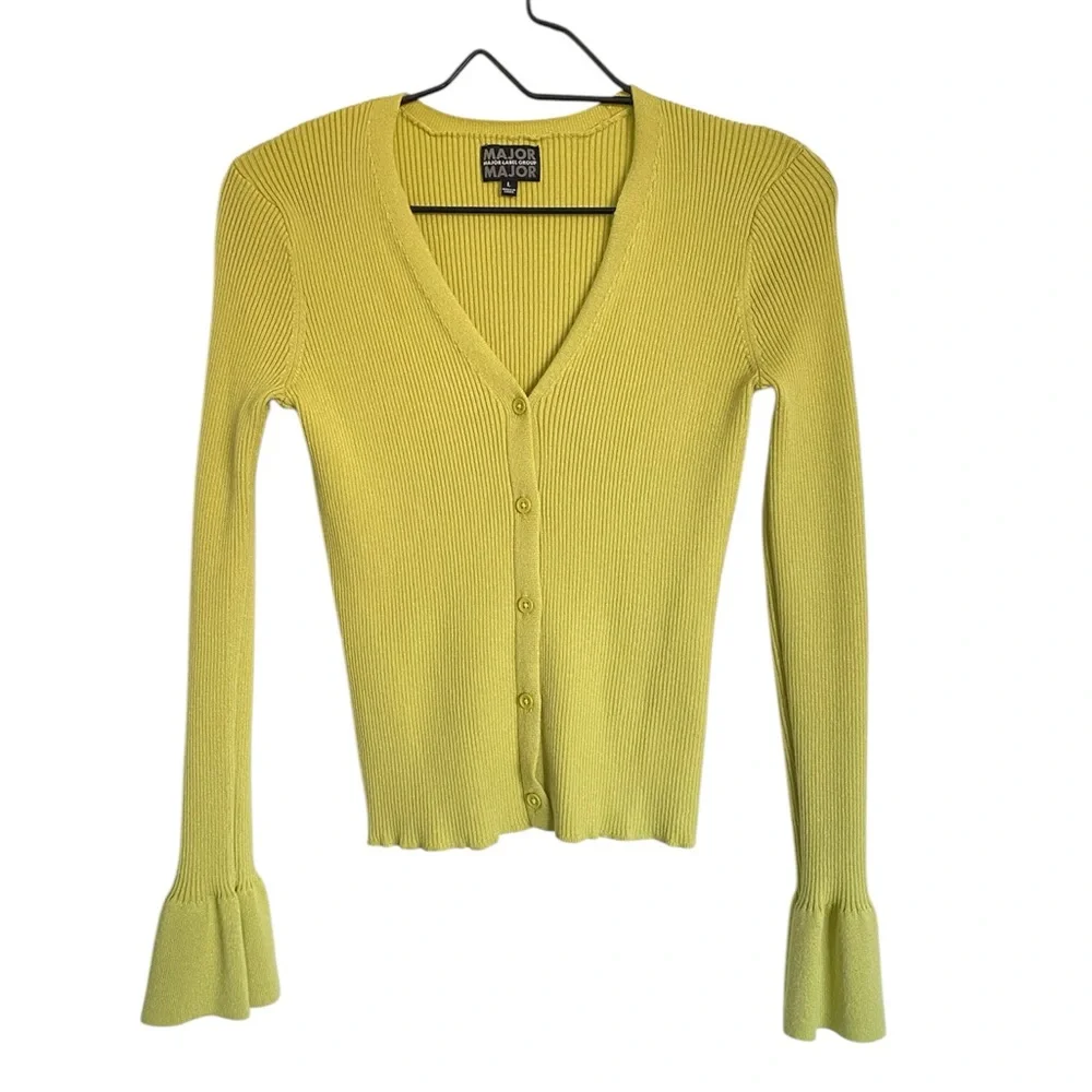 Chartreuse Ribbed Cardigan Ruffle Sleeve Cuff - Picture 2 of 5